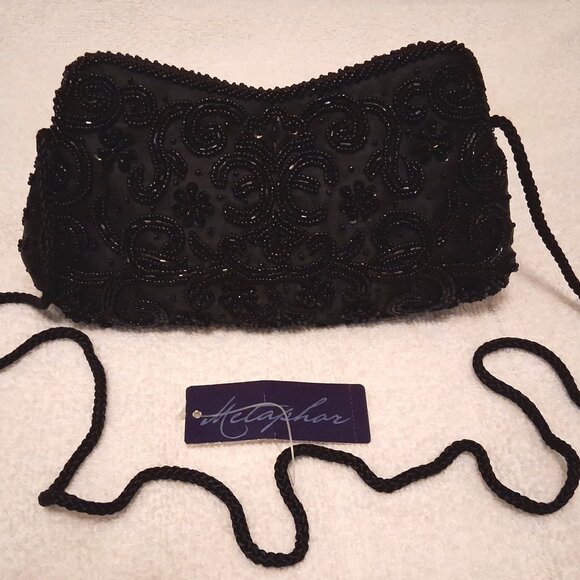 Metaphor Vintage Black Beaded Formal Evening Clutch Bag with Mirror EUC - Picture 1 of 12